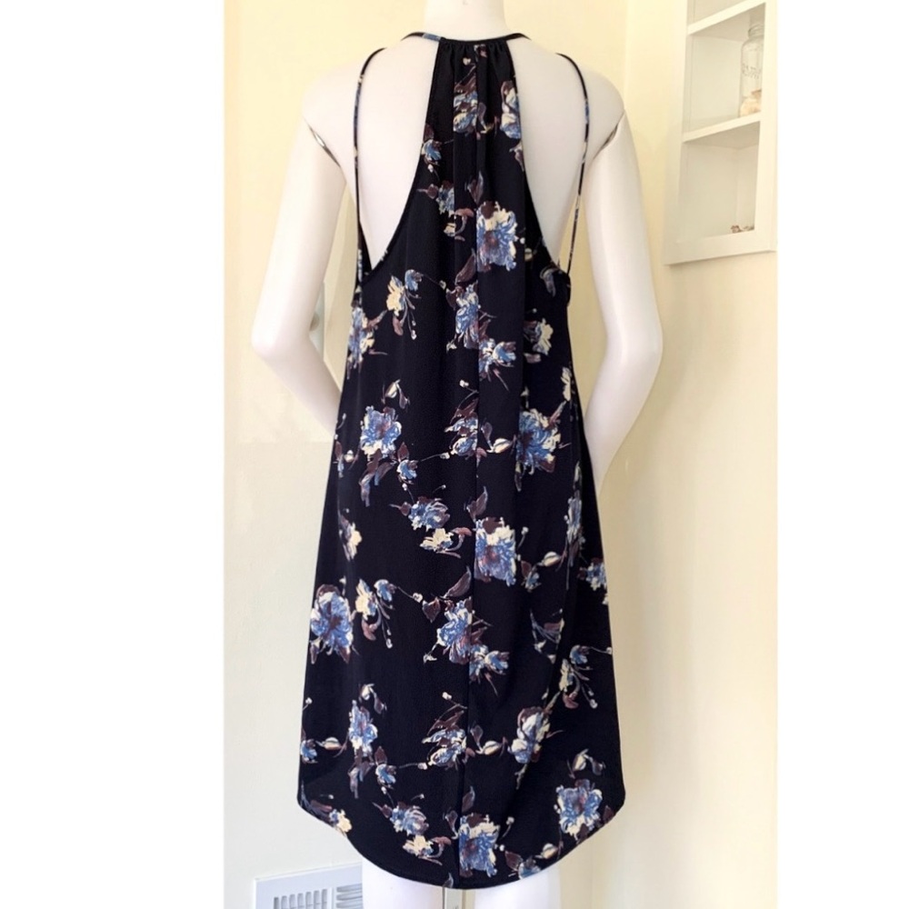 dark navy blue floral print strappy a-line trapezoid dress by Leith